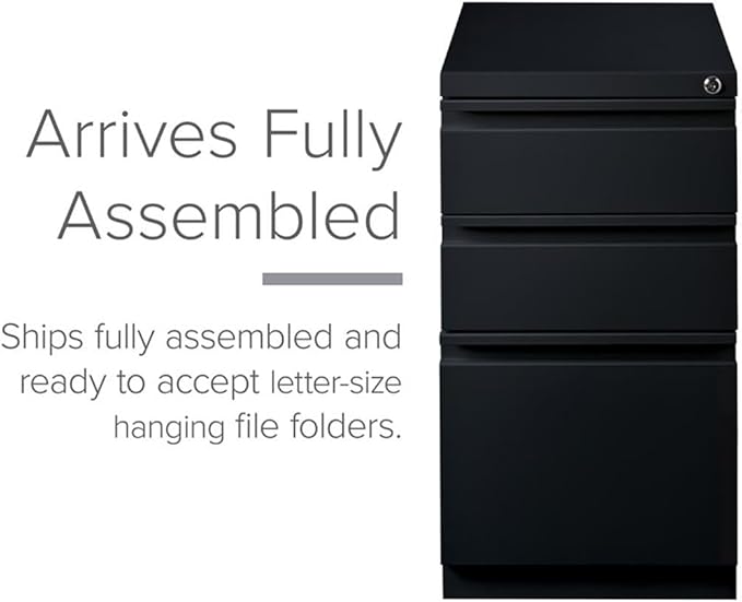 Hirsh Industries 3-Drawer Metal Mobile Pedestal, 20" Deep Box/Box/File Configuration, Black Finish, 27.75" H x 15" W x 19.88" D, Locking File Cabinet with Hidden Casters, Office Storage Solution