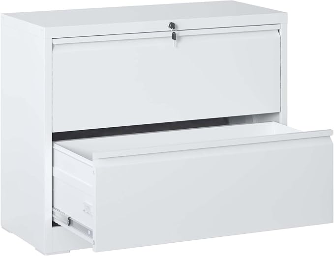 2 Drawer Lateral File Cabinet with Lock for Home Office Metal Filing Cabinet with Adjustable Hanging Bars Horizontal Filing Organization Storage Cabinet for Letter/Legal/A4/F4 Size White