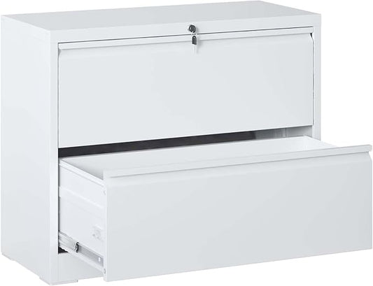 2 Drawer Lateral File Cabinet with Lock for Home Office Metal Filing Cabinet with Adjustable Hanging Bars Horizontal Filing Organization Storage Cabinet for Letter/Legal/A4/F4 Size White