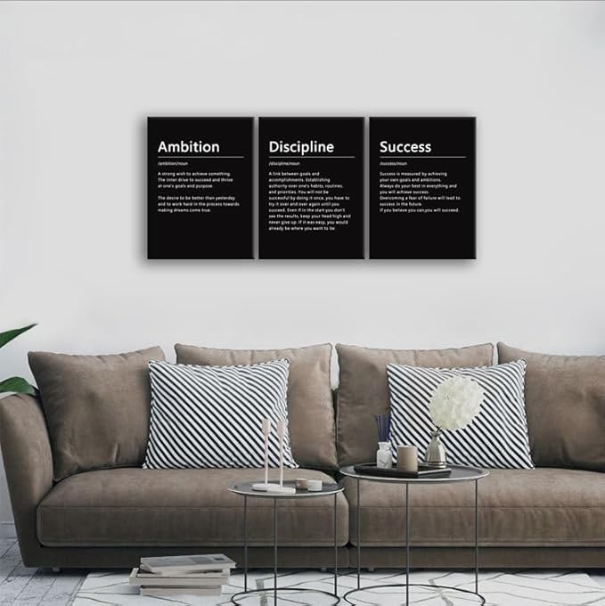 Inspirational Poster Home Wall Decor Motivational Canvas Painting Wall Art Ambition Discipline Success Noun 3 Pieces Positive Prints Picture Artwork School Office Decor Framed[36" W X 16" H]