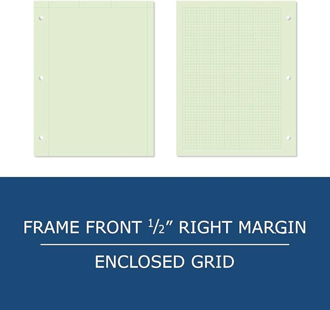 Roaring Spring Engineering Pad, 8.5" x 11", 200 Sheets 15# Green Paper, 5x5 Printed Back Enclosed Grid, Top Glued, 3-Hole Punched, Proudly Made in USA, Heavy Backing Board (Pack of 12)