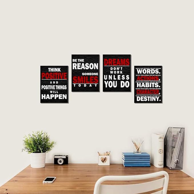 Motivational Wall Decor Art Red Black Gym Office Wall Art Inspirational Poster Quote Framed Positive Canvas Wall Art for Office Bedroom Dorm Wall Decor Sign Boys Girls Room 12"x16", 4pieces