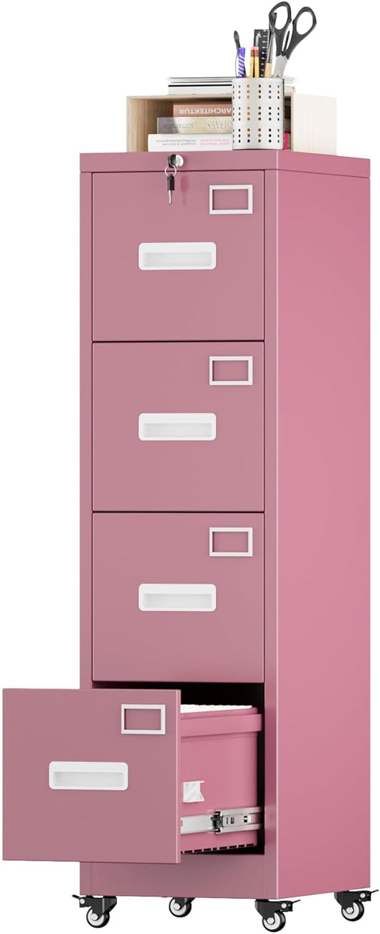 Aobabo 4 Drawer File Cabinet with Wheels, Lockable Office Metal Filing Cabinet with Name Card for Office and Home,Assembly Required,Pink