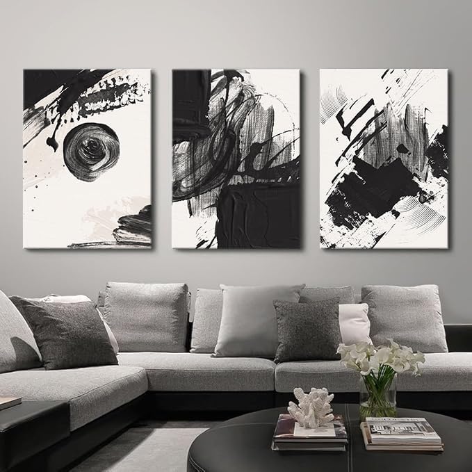 weiyiart Black and White Abstract Canvas Wall Art Set,Modern Bathroom Wall Decor Nordic Calm/Zen Print Art Decorative for Living Room, Bedroom, Office Decor 12x16x3pcs