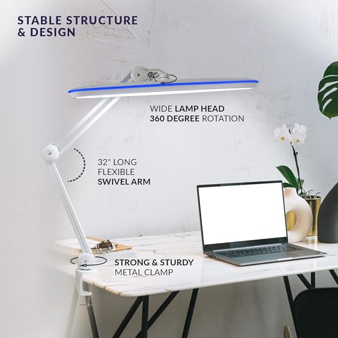 Neatfi XL 2,200 Lumens 24W LED Desk Lamp – 23” Wide Shade | Dimmable Eye-Caring Task Light | Adjustable Arm | Home Office, Study, Crafts & Nail Tech (White, Non-CCT with Clamp)