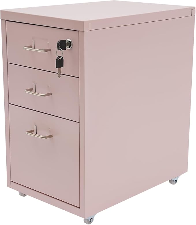 3-Drawer Vertical File Cabinet, 11*16*18.3in Rolling File Cabinet, Mobile Organizer Storage Cabinet with Lock, Office Filing Storage Cabinet Under Desk fits A4 Size, for Home Office (Pink)