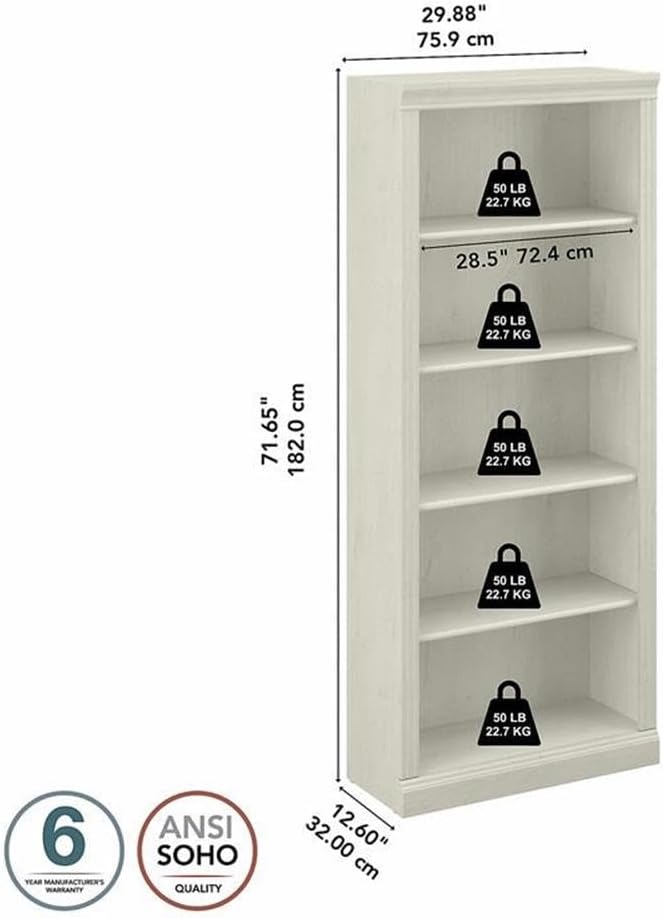 Bush Home Saratoga Tall 5 Shelf Bookcase in Linen White Oak, Home Office Organizer, Vertical Storage Solution for Books and Office Supplies, Tall Bookshelf
