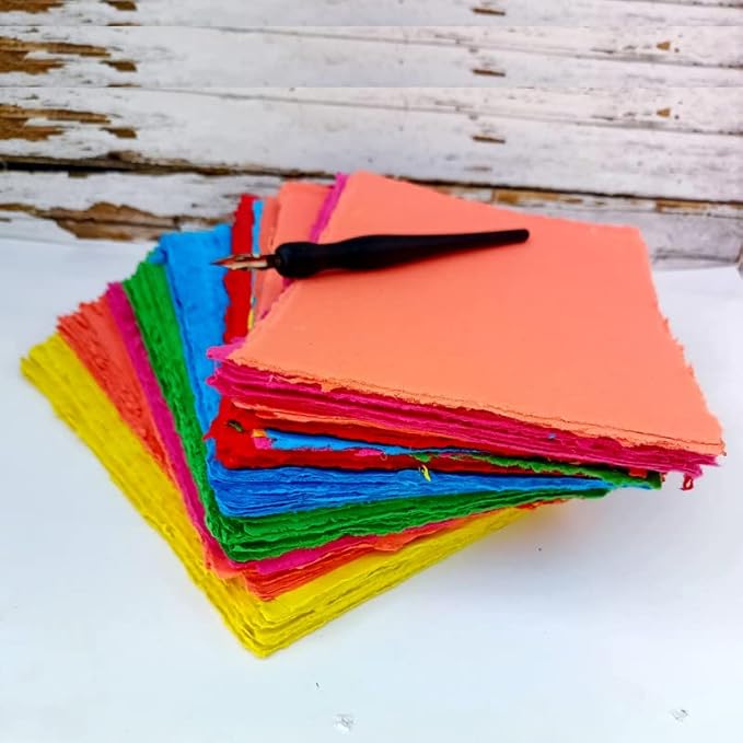 Deckle Papers Handmade Deckle Edge Blank Paper Mixed Media Loose Leaf Paper for Birthday Gift Tags, Invitations, Crafts -Thick 150 GSM Size-B6 Pack of-50-Multicolored