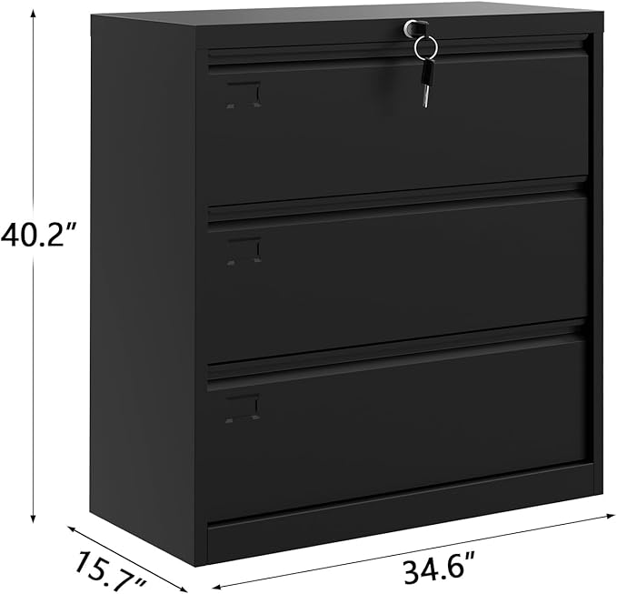 3-Drawer Lateral File Cabinet with Lock, 52"H Metal Filing Cabinet for Home Office & Business Use – for Letter, Legal, A4, F4 Files, 320 LB Weight Capacity,Easy to Assemble (Black, 3 Drawer)