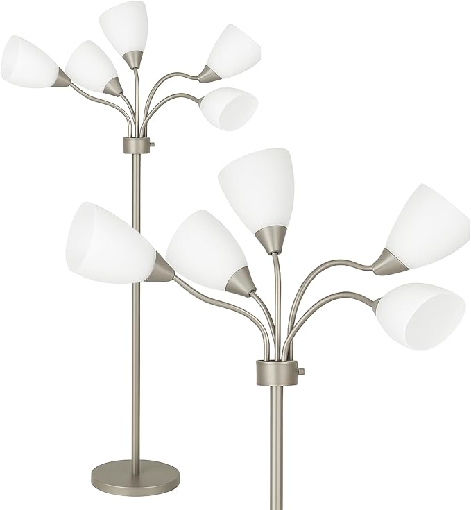 LIGHTACCENTS Medusa 5-Light Floor Lamp – Silver Multi-Head Standing Lamp w/ 5 Adjustable White Acrylic Shades for Bedroom, Living Room, Office