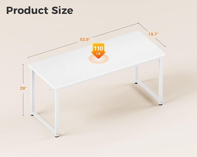 Casaottima 54 Inches Small Computer Desk, Work Study Table for Home Office, Kids Student Writing Desk with Headphone Hooks, White