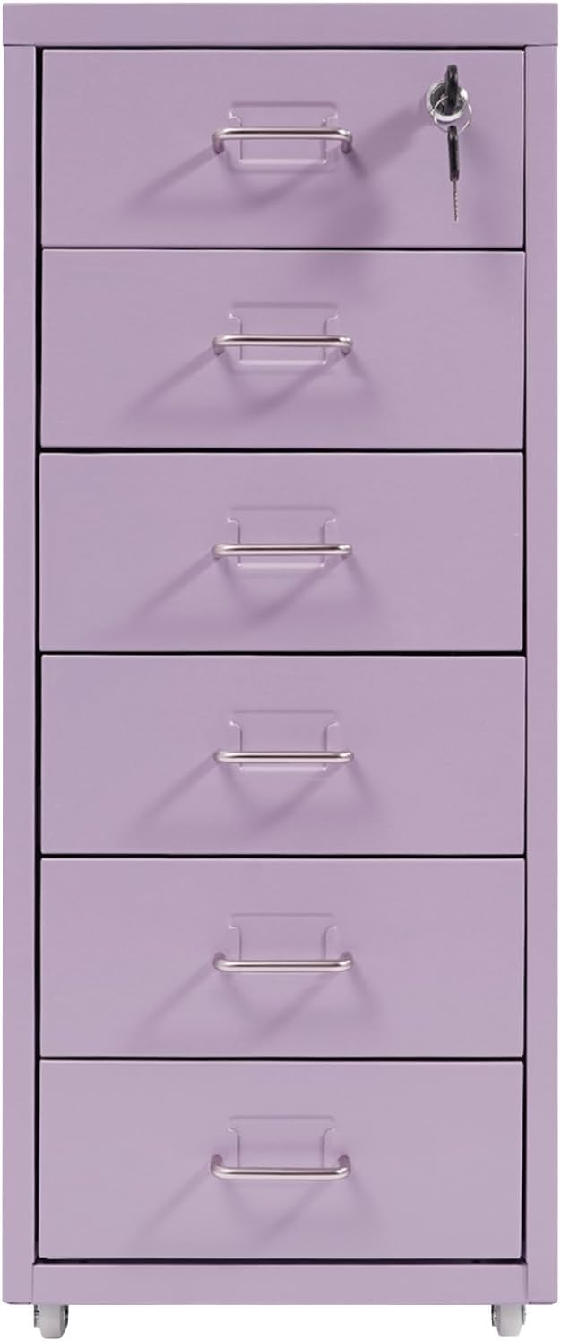 Vertical File Cabinets | 6 Drawer File Cabinet with Lock | Steel Lockable Storage Cabinets | Metal S-torage Cabinet for Home Office | storage A4/F4/Letter/Legal | With 4 Wheels | 2X Keys (Purple)
