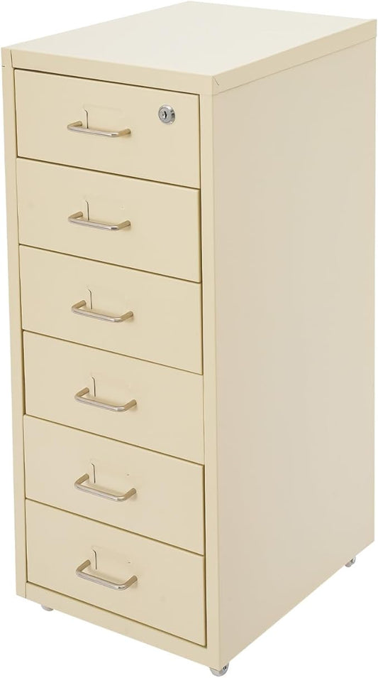 File Cabinets, 6 Drawer File Cabinet with Lock and Wheels, 11 X 16 X 27 inch Metal Office Filing Cabinets for Office, Study (Beige)