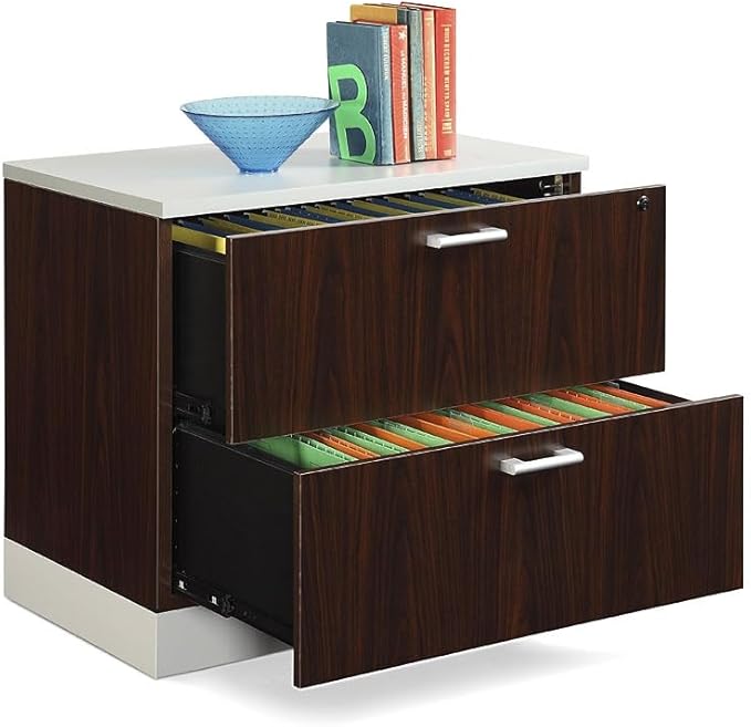 nbf signature series Esquire 31.5" W Two Drawer Lateral File Mahogany Laminate/Silver Laminate Kickplate and Hardware