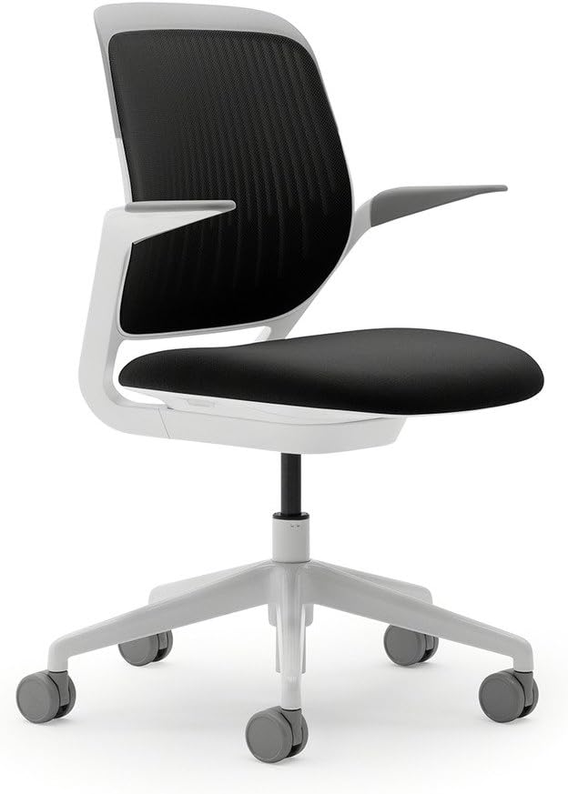 Steelcase Cobi Office Chair: Arms with Soft Arm Caps, White Frame, and Licorice Fabric with Standard Carpet Casters