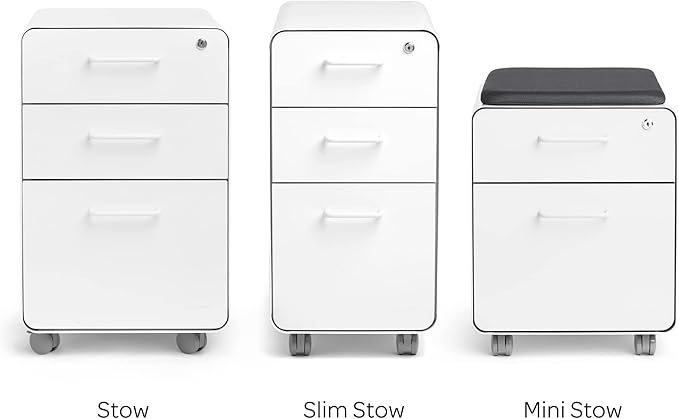 Poppin Stow 3-Drawer Rolling File Cabinet - White & Slate Blue. Utility & Hanging File Drawers. Locking & Non-Locking Wheels. Powder-Coated Steel. Two Keys Included
