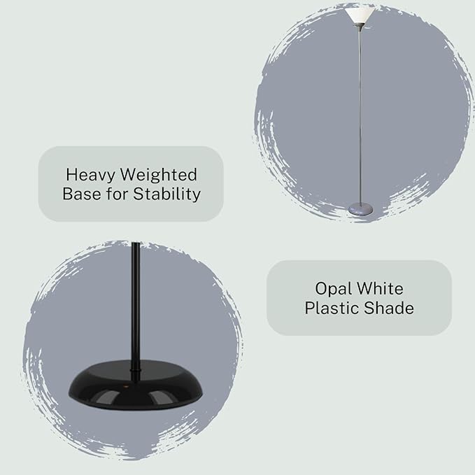 LIGHTACCENTS Mary Torchiere Floor Lamp – Silver Standing Lamp with White Shade and Rotary Switch, Modern Pole Light for Living Room, Bedroom, Office, or Dorm – Slim Minimalist Design