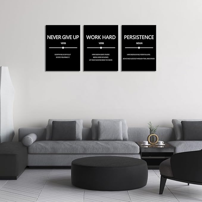 Unbruvo Inspirational Canvas Wall Art, Motivational Office Wall Decor, 3 Pieces Black Never Give Up Positive Quotes Wall Art for Workplace Living Room Bedroom(36''W x 16''H)
