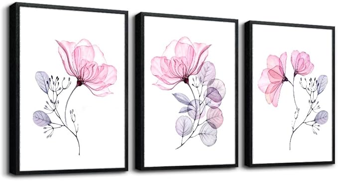 hyidecorart Black Framed Wall Art For Living Room Large Wall Decor For Bedroom Room Decorations Pink Red Flowers Wall Paintings Mural Pictures Artwork Kitchen Home Decor 3 Piece Framed Prints Art