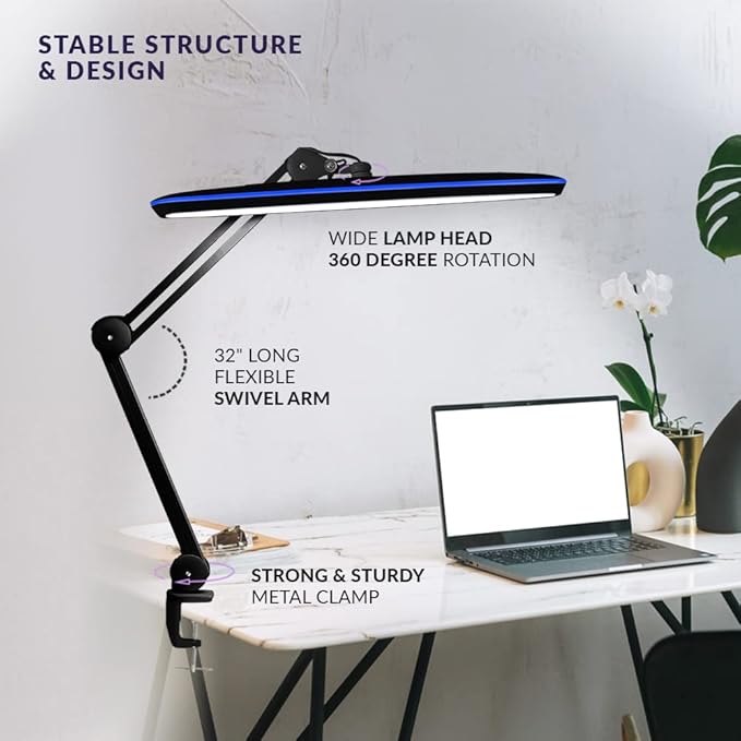 Neatfi XL 2,200 Lumens 24W LED Desk Lamp – 23” Wide Shade | Dimmable Eye-Caring Task Light | Adjustable Arm | Home Office, Study, Crafts & Nail Tech (Black, Non-CCT with Clamp)
