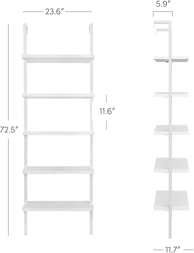 Nathan James Theo 5-Shelf Modern Bookcase, Open Wall Mount Ladder Bookshelf with Industrial Metal Frame, White, Set of 3
