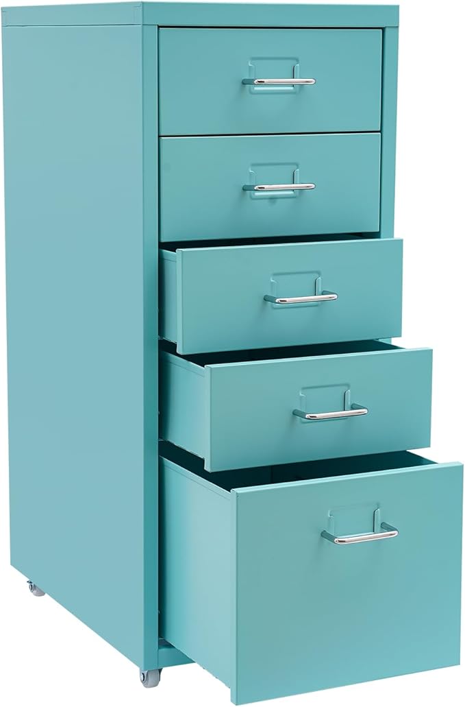 Metal File Storage Cabinet,Side Storage Organizer,Freestanding Storage Unit,Metal Garage Storage Drawer,Storage Cabinet with 5 Drawers and Wheels for Office,Home,School，Blue,11 * 16.1 * 27.1in