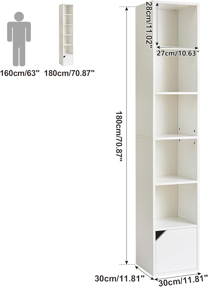 IBUYKE 6 Tier Narrow Bookcase with Doors, Cube CD DVD Storage Cabinet,Slim Media Tower Rack,Cabinet,White Bookcase Display Storage Shelves for Small Spaces,for Home Office White UWBC001W