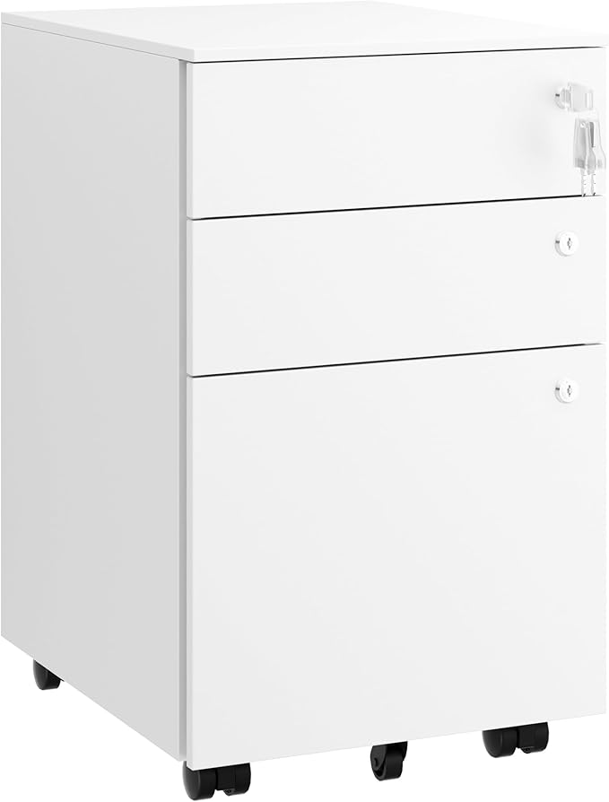 3 Drawers File Cabinet with 3 Lock, Mobile Metal Filing Cabinet, Fully Assembled Except Casters, for Home Office, for A4, Letter, Legal File Folders, White