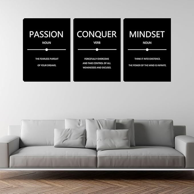 Motivational Wall Art 3 Pieces Inspirational Mindset Conquer Quotes Canvas Poster Prints Wall Paintings Picture Framed Artwork Wall Decor for Office Workplace Wall Art Bedroom Living Room (48"Wx24"H)