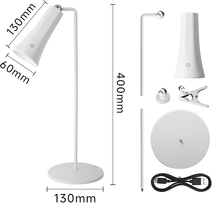 Rechargeable LED Desk Lamp, 4-in-1 Cordless Table Lamp, Magnetic Wall Mount LED Light, with Stepless Brightness, 3 Color Dimmable, 360° Rotation, For Reading, Office, Bedroom,Working, Hallway (White)