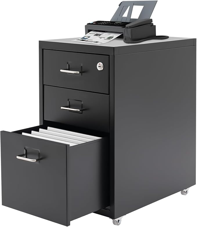 Vertical File Cabinets | 3 Drawer File Cabinet with Wheels| Steel Lockable Storage Cabinets | Metal S-torage Cabinet for Home Office | Storage A4/F4/Letter/Legal (Black-3 Drawers)