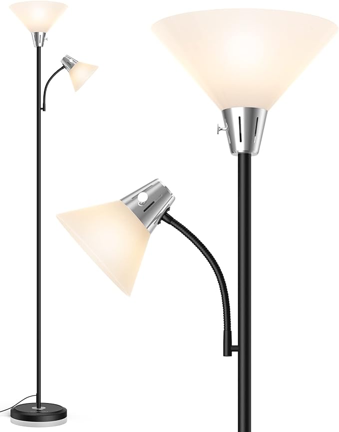 LEPOWER Floor Lamp, Standing Lamp Replaceable 3000K Energy-Saving, Lamp for Living Room with Adjustable Reading Light, Modern Bright Floor Lamp for Bedroom, Living Room, Office