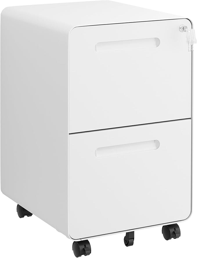 File Cabinet, Mobile Filing Cabinet with Lock, All Steel Structure Printer Stand, Fully Assembled Except Casters, Under Desk Storage for Home Office, 2 Drawers Document Organizer, White