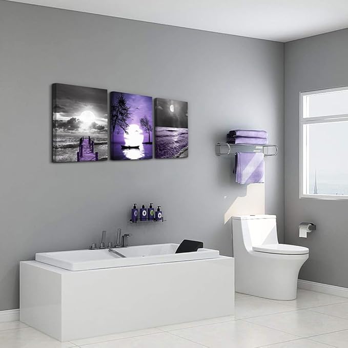 Lapremoly Canvas Wall Art For Bedroom Wall Decorations For Living Room Wall Decor For Office Black And White Wall Painting Purple Ocean Landscape Pictures Posters Farmhouse Home Wall Decor 3 Panels
