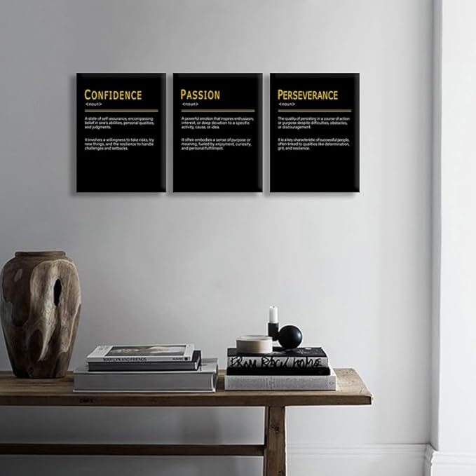 Inspirational Wall Decor PASSION CONFIDENCE PERSEVERANCE Noun Overcome the Challenge Motivational Posters Printed Canvas Poster for Office Home Bedroom Workplace Framed Ready to Hang [36''Wx 16''H]