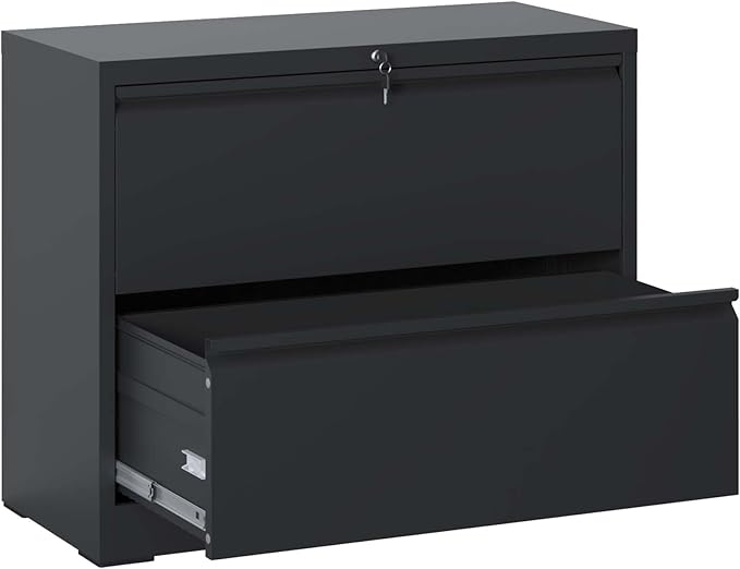 2 Drawer Lateral File Cabinet with Lock for Home Office Metal Filing Cabinet with Adjustable Hanging Bars Horizontal Filing Organization Storage Cabinet for Letter/Legal/A4/F4 Size Black