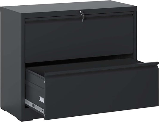 2 Drawer Lateral File Cabinet with Lock for Home Office Metal Filing Cabinet with Adjustable Hanging Bars Horizontal Filing Organization Storage Cabinet for Letter/Legal/A4/F4 Size Black