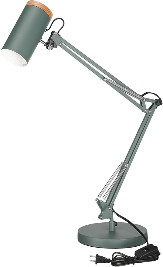 TORCHSTAR Tall Swing Arm Desk Lamp with Wooden Accent, Adjustable Large Size Max Height 31", E26 Base Metal Task Lamp, Office Desktop Lamp with On/Off Switch, for Reading, Study, Workbench, Green