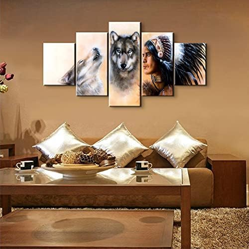 5 Pieces Native American Decor Indian Decor Chief with Wolves Poster Indian Wall Decor Native American Wall Decor Indian Wall Art Native American Art Indian Art for Living Room Decor (60''W x 32''H)
