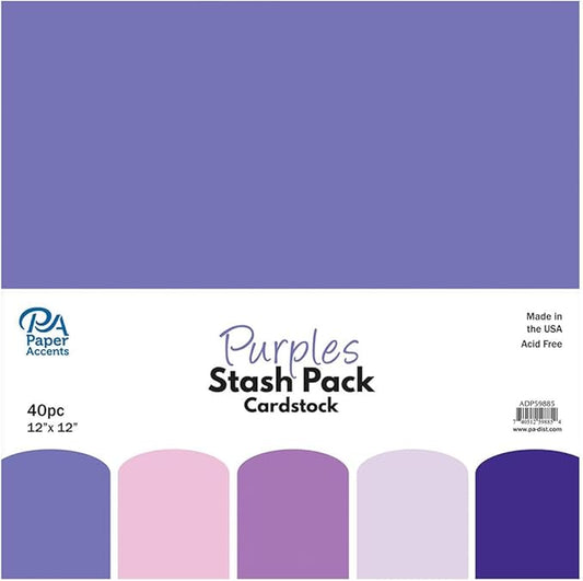 PA Paper Accents Stash Pack Cardstock Pack 12" x 12" Purples colored cardstock paper for card making, scrapbooking, printing, quilling and crafts, 65lb., 40 pieces