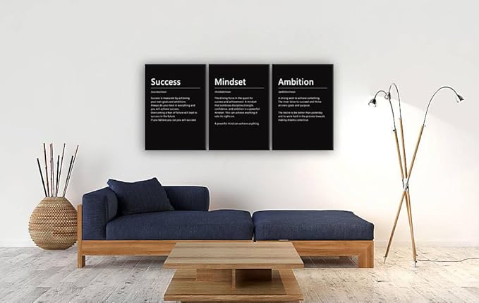 Inspirational Poster Success Mindset Ambition Noun Motivational Canvas Art Paintings 3 Pieces Picture Artwork Living Room Prints Office Wall Decor Home Wooden Framed Ready to Hang[60''Wx 28''H]