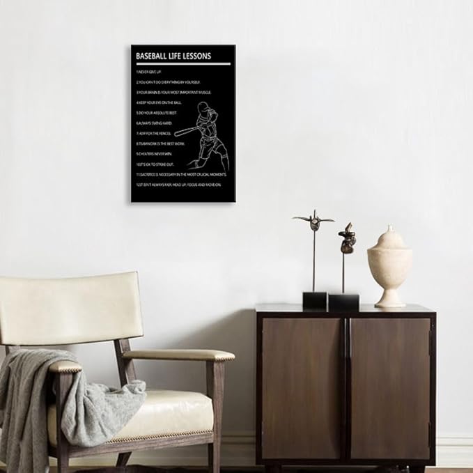 Baseball Life Lessons Wall Art Motivational Baseball Player Poster for Boys Bedroom Inspirational Sports Quotes Canvas Print for Home Gym Locker Room Office Decor Framed Ready to Hang [12" W X 18" H]