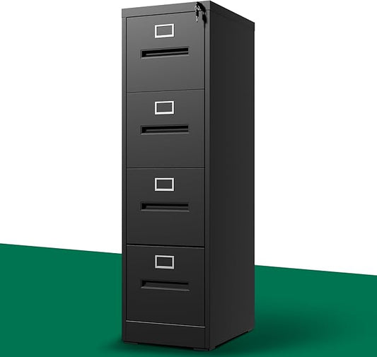 4 Drawer File Cabinet, Vertical File Cabinet with Lock, Metal Locking Filing Storage Cabinet for Home Office, Hanging Files for A4/ Legal/Letter, Assembly Required, Black
