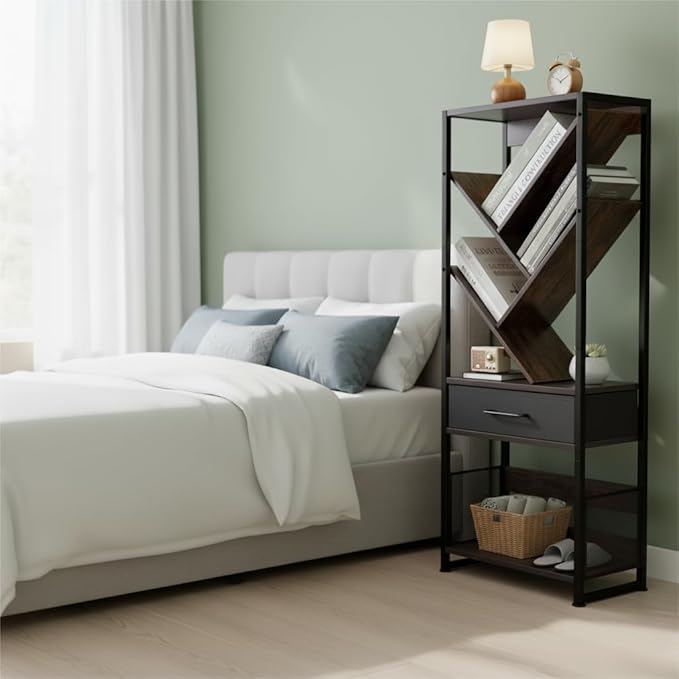 Bookshelf with Drawer,8 Tier Tree Bookcase Retro Floor Standing Bookshelves,Tall Wood Bookcases with Cabinet Storage Organizer for Living Room, Bedroom & Home Office, Black