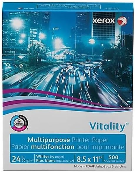 xerox Vitality Multipurpose Print Paper, 92 Bright, 24 lb Bond Weight, 8.5 x 11, White, 500/Ream
