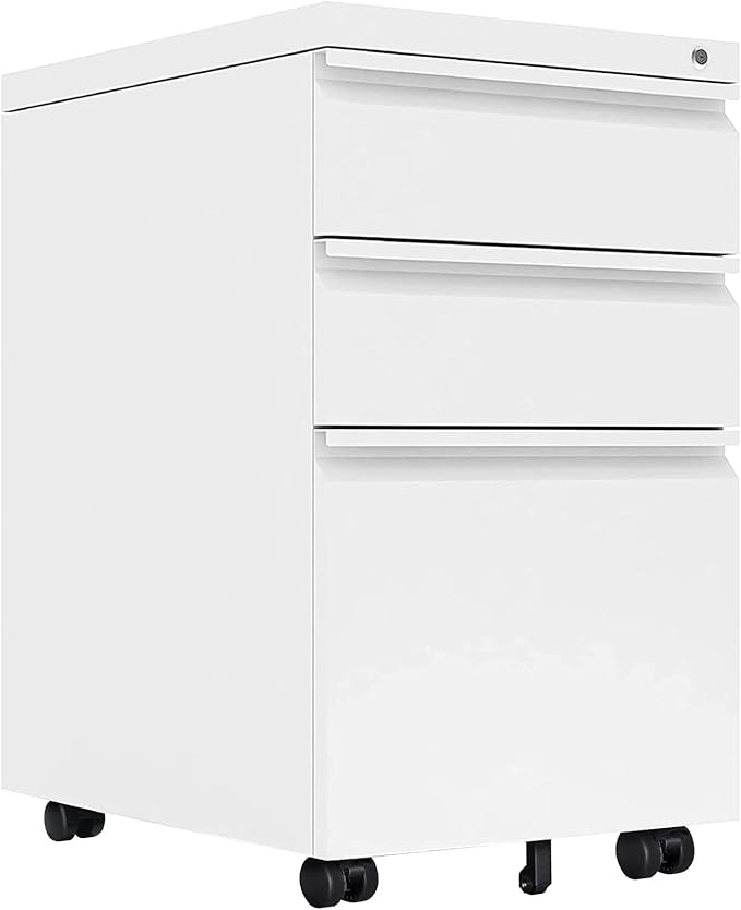 Yiguo 3-Drawer Mobile File Cabinet with Lock, Rolling Office File Cabinet Under Desk, Metal Filing Cabinet with Wheels for Legal Letter File (White)
