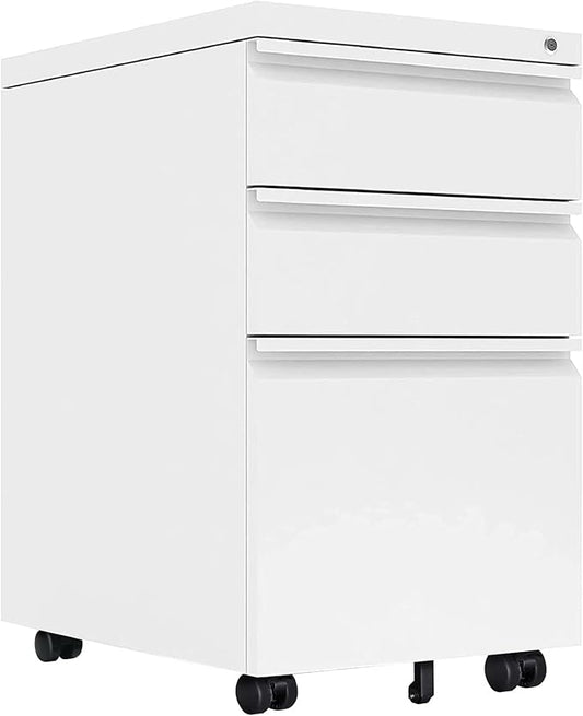 Yiguo 3-Drawer Mobile File Cabinet with Lock, Rolling Office File Cabinet Under Desk, Metal Filing Cabinet with Wheels for Legal Letter File (White)