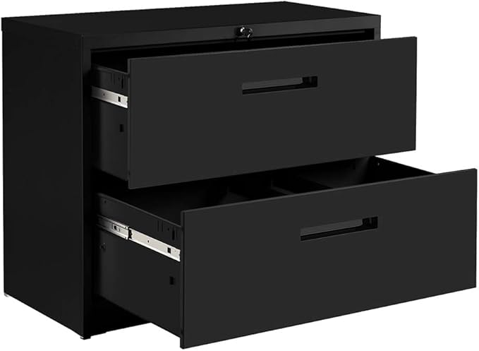 Lateral Filing Cabinet, 2 Drawer Metal Lockable File Cabinet for Commercial Grade Office Legal and Letter File (Black)