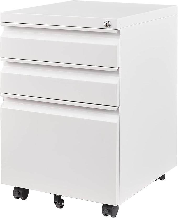 3 Drawer File Cabinet with Lock, Steel Mobile Filing Cabinet on Anti-tilt Wheels, Rolling Locking Office Cabinets Under Desk for Legal/Letter Size (White)