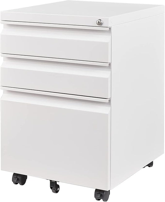 3 Drawer File Cabinet with Lock, Steel Mobile Filing Cabinet on Anti-tilt Wheels, Rolling Locking Office Cabinets Under Desk for Legal/Letter Size (White)